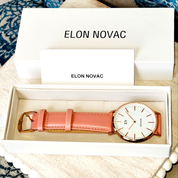 Elon Novac Accessories - ⏱️💥 Elon Novac-Round Face-Salmon Pink Leather Strap Watch